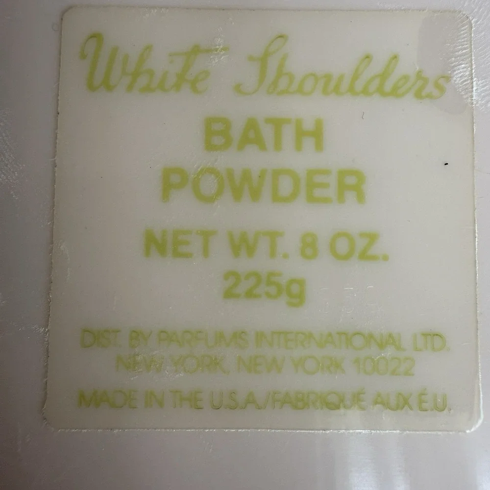 Vtg White Shoulders Bath Powder 8 Oz Poof Art Deco Style Embossed Lid w/ Powder
